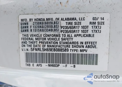 2014 Honda Odyssey Ex-L z USA, uszkodzony, nr VIN 5FNRL5H69EB088589